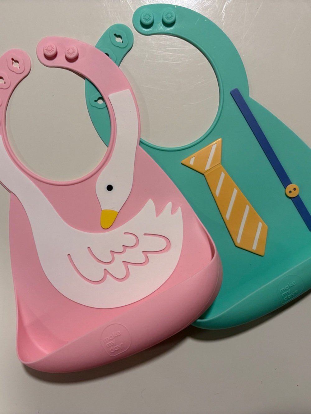 Waterproof Silicone Baby Bibs - Pink Swan & Teal Tie by Make My Day